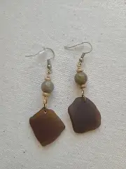 Brown Sea Glass Labradorite Beaded Fish Hook Earrings