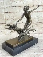 Signed Cast Bronze Diana The Huntress Art Deco Nude Sculpture Statue Mythical NR