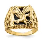 Solid 14k Yellow Gold Men's Simulated Onyx Eagle Ring