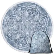 White Mandala on Greyish Marble Round Beach Towel