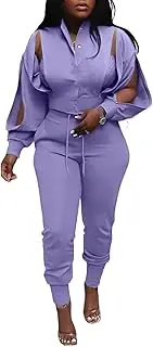 [Akmipoem] Sweatsuits for Women Set 2 Piece Jogger Outfits Zipper Split Long Sleeve Button Down Crop Top and Pants Tracksuit