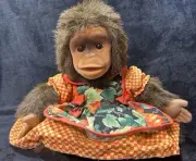 Vintage Hosung Monkey Chimp Plush Hand Puppet Brown Fuzzy Long Tail Squeaker