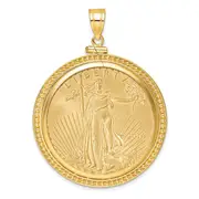 14K Yellow Gold Wideband Distinguished Coin Jewelry Polished And Beaded Mounted 1Oz American Eagle Screw Top Bezel Pendant