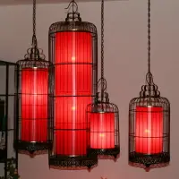 在飛比找樂天市場購物網優惠-新中式簡約鐵藝吊燈工程燈酒吧燈咖啡廳燈戶外落地紅色燈籠鳥籠燈