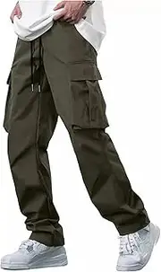 [Generic] Mens Cargo Pants Drawstring Hiking Pants Workout Jogger Sweatpants Casual Elastic Waist Work Pants with Multi Pockets