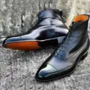 Bespoke Handmade Genuine Black Leather Toe Cap Boots Oxford Ankle Dress Boots