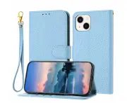 For iPhone 13 Mini Leather Case with Wristlet, Flip case with Card Holder - Blue