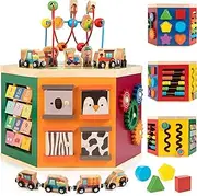 Farm Animal Activity Cube, 9-in-1 Wooden Montessori Toddler Toys, Baby Toy Set Including Magnetic Trains & Shape Sorter