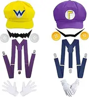 Santoy Super Wari and Walugi Halloween Cosplay Costume- Includes Adult Unisex Yellow Hat and Purple Cap, Mustache, Gloves, Buttons, Suspenders Accessories for Men and Women Party Supplies
