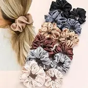 scrunchies for women 12pc Satin Scrunchie Set Women Soft Stretchy Hair Ties Girls Silky Scrunchies Stretch Elastic Tie Rubber Band Pony tail Silk Scrunchy Fluffy Scrunchie