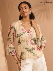 Love & Roses Metallic Blush Pink V-Neck 3/4 Sleeve Peplum Blouse (AV1104) | $102