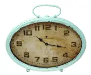 Teal Blue Oval Antiqued Face Metal Table Clock 19 Inch Metal Split P