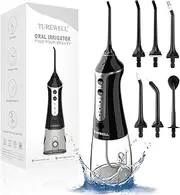 TUREWELL FC1591 Oral Irrigator, Electric Interdental Cleaner with 3 Modes and 5 Nozzles, IPX7 Waterproof 300 ml Oral Irrigator, Wireless, Portable Rechargeable Water Flosser for Family and Travel