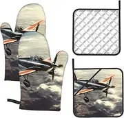 4 pcs Oven Mitts and Pot Holders Set 500°F Heat Resistant Oven Gloves and Hot Pads Kitchen Mittens Retro Airplane Cooking Gloves Potholders for Baking Grilling