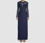$595 Aidan Mattox Women Blue Beaded Long Sleeve Crewneck Gown Dress Size 18