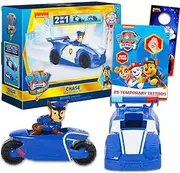 Paw Patrol Chase Mini Movie Vehicle Set - 4 Pc Bundle with Paw Patrol 2-in-1 Toy Car Featuring Chase Plus Tattoos, More | Paw Patrol Action Figures Toys for Kids