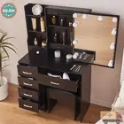 Modern Dressing Table Stool Set With LED Sliding Mirror Shelf Makeup Vanity Desk