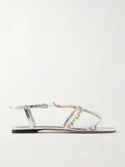 [Jimmy Choo] Jimmy Choo - Gwyn Bead-embellished Metallic Leather Sandals - Silver - IT41.5 IT 41.5 Silver
