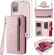 Phone Case for Samsung Galaxy S20 FE 5G 6.5 inch Zipper Wallet Cell Cover with Screen Protector Crossbody Strap Bling Flip Credit Card Holder S 20 EF UW S20FE5G S20FE 20S S2O Fan Edition Women Pink