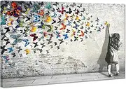 Banksy Wall Art for Living Room Large Size Framed Canvas Wall Art Colorful Graffiti Artwork Girl and Butterfly Posters Prints Modern Home Office Decor Ready to Hang - 28x44inch