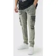 Mens Grey Tall Skinny Fit Multi Cargo Jeans