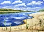 Original Watercolour 12’’x16’’ River reeds the river bank cloudy reflection A3