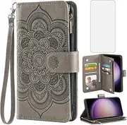 [Asuwish] Phone Case for Samsung Galaxy S23 5G Wallet Cover with Tempered Glass Screen Protector and Flower Leather Flip Credit Card Holder Stand Cell S 23 23S GS23 G5 SM-S911U 6.1 inch Women Men Grey
