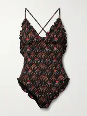 [Ulla Johnson] Ulla Johnson - Giordana Ruffled Ruched Printed Swimsuit - Brown - large large Brown