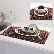 Coffee Beans & Cup Dish Drying Mats for Kitchen Counter, Absorbent Microfiber Kitchen Dishes Drainer Mat Large Dish Drying Pad with Hook Coffee Mat Kitchen Accessories 18x24 Inch