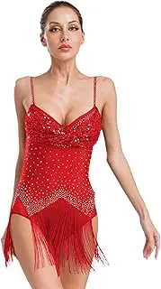 [TiaoBug] Womens Latin Dance Bodysuit Sequin Fringe Skirted Leotard Sling Jumpsuit for Salsa Tango Ballroom