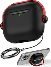 Safety Lock Compatible with Airpods 4 Case, TPU Case for Apple Airpods 4 Case 2024 USB-C, Drop Protection Airpods 4 Case Cover for Men with Lock and Keychain, 【Black+Red】