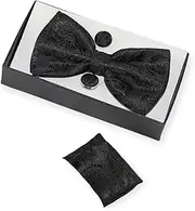 [Zasel] Mens Black Paisley Matching Bow Tie, Pocket Square & Cuff Links Set