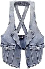 [OFFSUM] Women'S Denim Vest - Spring Summer Thin Denim Vest Korean Style Large Size Sleeveless With Pocket Casual Outdoor Jacket Coat Clothing