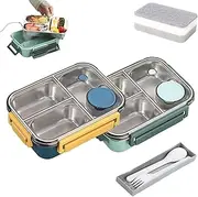 Escentio Lunch Box, Stainless Steel Bento Box With Tableware, Large Capacity Leakproof for School, Toddler/Kids/Adults (3 Grid B+G)