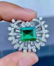 4CT Asscher Cut Lab Created Green Emerald Brooch Pin 14K White Gold Plated