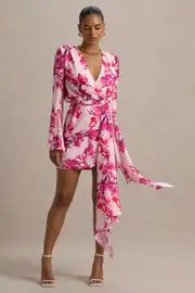 Goldie | Pink Floral Print Chiffon Long-Sleeve Wrap Mini Dress
