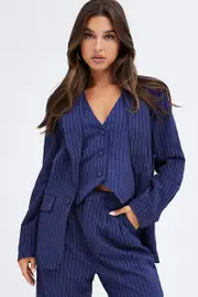 Stripe Blazer Long Sleeve Tailored Single Breasted - Size 8, Women's Jacket