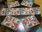 5 Piece Fruit Grape Apple Print Tapestry Placemat & Runner Set Checkered Linen