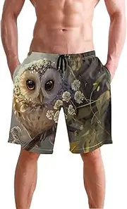 [XYMZR] Men's Swim Trunks White Floral Owl Tree Quick-Dry Bathing Suit Swimming Board Shorts S
