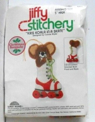 #107 VINTAGE JIFFY SUNSET "KRIS KOALA IN A SKATE" CREWEL 3-D ORNAMENT KIT - NIP!