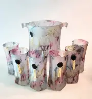 RARE Vintage Cristalrov Marbleized Frost Barware Set Ice Bucket+ 6 Glasses ITALY