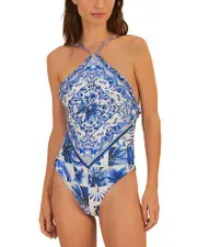 Farm Rio Garden Tiles Printed Halter One Piece Swimsuit