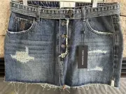 One Teaspoon Belted Dark Denim Ladies Mini Skirt 29 NWT (aus 12) Raw Edge