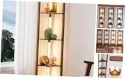 64" Corner Shelf Floor Lamp for Living Room, Modern LED Brown walnut wood