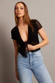 Black Tie Up Top Short Sleeve Mesh - Size 12, Women's Bolero
