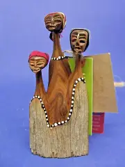 African 3 Women Wooden Figurine Hand Crafted by Masai Tribe Mozambique 6" x 3"