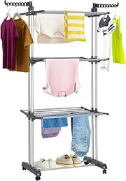 INONE Clothes Drying Rack Clothing Hangers, 4 Tiers Clothes Airer on Wheels, Portable Clothes Rack Dryer, Stainless Steel Garment Racks for Hanging Clothes, Laundry Rack Foldable with Shelf (Grey)
