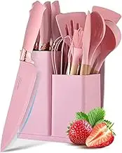 Kitchen Knife Set with Block, Retrosohoo Pink 19PC Silicone Kitchen Utensil Set and Stainless Steel Knife Set, Non-Stick Sharp Chef Knife and Cooking Utensils Set for Women Family (Pink)