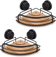 Set of 2 Bathroom Corner Storage Racks with Suction Base, No Drilling Required, Bamboo and Rust-Proof Stainless Steel Shampoo Holder (Round)