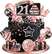 JUYRLE Cheers to 21 Years Cake Topper- 11Pcs 21st Birthday Decorations for Her, Happy 21st Birthday Cake Topper, Hello 21 Fabulous Cake Topper Twenty-One Anniversary Decorations for Adult Rose Gold